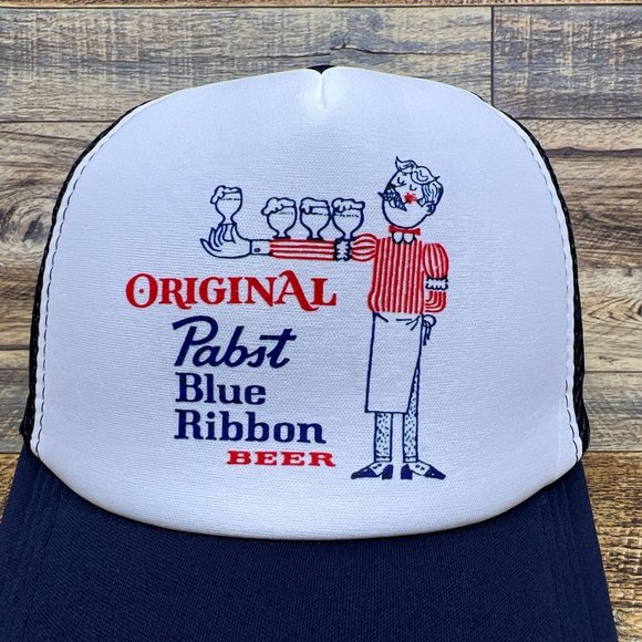 Pabst Blue Ribbon Mens Trucker Hat Navy Snapback Vintage Waiter Logo Beer Cap - Picture 3 of 8